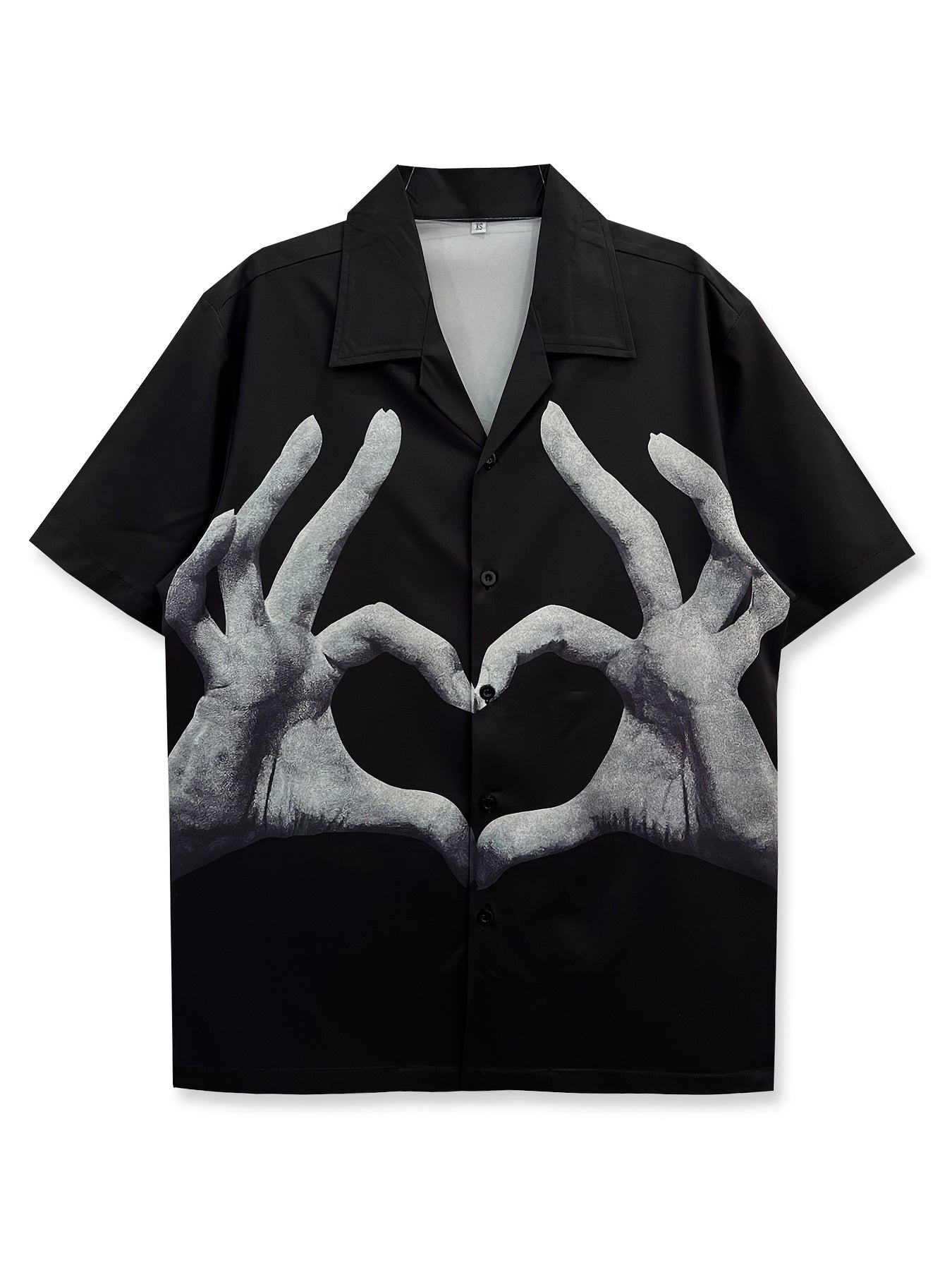 Valentine's Day Men's Casual Shirt with Cute Heart Gesture Print, Hawaiian Style Short Sleeve Button-Up, Polyester, Summer Beachwear - Available in XS to XXL